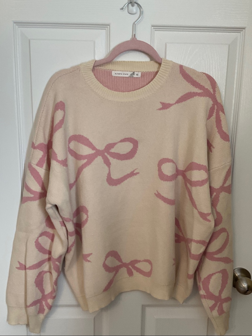 Altar'd State Cream Crewneck Sweater with Pink Bow Motif